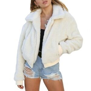 AGQT Thick Plush Long Sleeve Women Coat Zip Up Soft Warm Size S